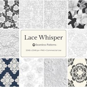 May include: A collection of seamless lace patterns in various designs, including floral and damask motifs. The patterns are in shades of white, gray, and black. The image includes the text "Lace Whisper" and details about the patterns.