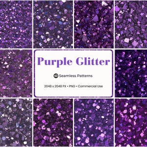 May include: A collection of seamless purple glitter patterns. The image features various shades of purple glitter with different shapes and sizes. The text in the center reads "Purple Glitter" and indicates 43 patterns, 2048 x 2048 PX, PNG, and commercial use.