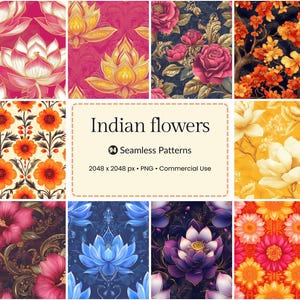 May include: A collection of nine seamless patterns featuring Indian flowers in various colors. The patterns include lotus flowers, roses, and other floral designs. The image includes the text "Indian flowers" and "94 Seamless Patterns".