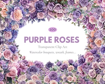 100 Purple Roses Watercolor Clipart Bundle, Floral Bouquets, Wreaths, Frames PNG Transparent Background, Wedding Flower Digital Art