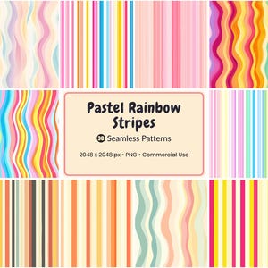 May include: A collection of pastel rainbow stripe patterns. The image features various designs with vertical and wavy stripes in shades of pink, yellow, blue, and orange. The text in the image reads "Pastel Rainbow Stripes" and "38 Seamless Patterns".