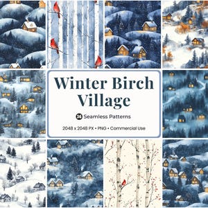 Op de afbeelding: Een verzameling naadloze aquarelpatronen met winters scènes met besneeuwde huizen, berken en rode kardinalen. De tekst "Winter Birch Village" wordt weergegeven in een blauw rechthoekig kader, met details over de patronen.