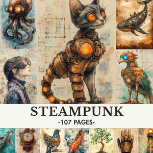 Pode incluir: Ilustrações com tema steampunk, apresentando um gato mecânico, um polvo e outras criaturas. As ilustrações são em estilo vintage, com engrenagens, detalhes em cobre e uma paleta de cores suaves. O texto "STEAMPUNK -107 PAGES-" é exibido.