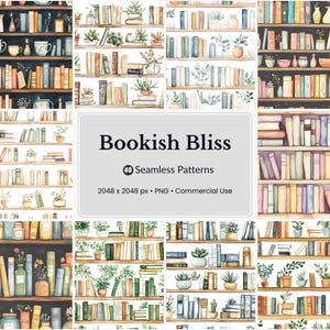 Op de afbeelding: Waterverf naadloze patronen met boekenplanken vol boeken en potplanten. De afbeelding bevat de tekst "Bookish Bliss" en details over de patronen, inclusief het aantal patronen, de grootte en het gebruik.