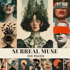Puede incluir: Una colección de ilustraciones de retratos surrealistas titulada SURREAL MUSE 100 PAGES. Las obras presentan varias figuras con rostros ocultos, integrando elementos como paisajes forestales, horizontes urbanos, aves, nubes y lunas en los retratos.