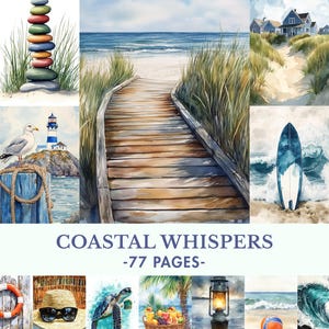 Coastal Junk Journal Kit: Watercolor Beach Ephemera, Lighthouse, Sea Turtle (Digital Download)