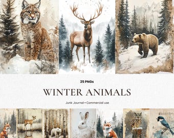 25 PNG Winter Animals Clipart Woodland Forest Deer Fox Bear Rabbit Owl Junk Journal Rustic Snowy Wildlife Bundle Commercial Use Mega Art Set