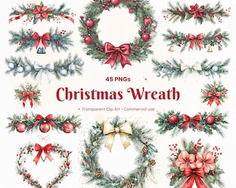 45 Christmas Wreath PNG Clipart, Watercolor Xmas Garland Borders, Holiday Greenery, Red Bow Frames, Transparent Bundle, Commercial Use