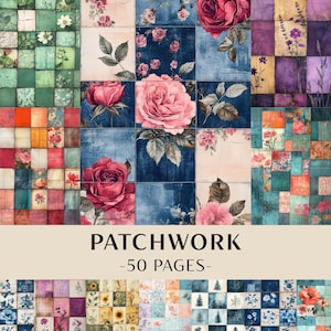 May include: A patchwork design featuring floral patterns and watercolor textures. The design includes squares with roses, leaves, and other flowers in shades of pink, red, blue, and green. The text "PATCHWORK -50 PAGES-" is displayed.