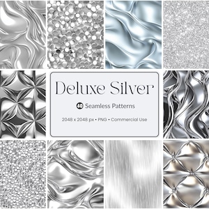 Könnte beinhalten: Ein digitales Bild mit einer Sammlung nahtloser Silbermuster. Die Muster umfassen Texturen wie flüssiges Metall, glitzernde Glitzer und geometrische Designs. Das Bild enthält den Text "Deluxe Silver" und Details zu den Mustern.