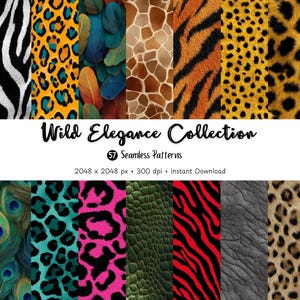Wild Elegance Collection | 57 Seamless Animal Print Patterns | Zebra, Leopard, Tiger, Snake, Feathers | 2048x2048px | Instant Download
