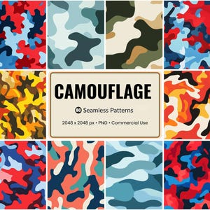 80 Camouflage Seamless Patterns, Camo Digital Paper Bundle, Military Army Backgrounds, Commercial Use PNG