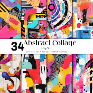 May include: A collection of 34 abstract collage clip art pieces. The art features a variety of colors, including pink, yellow, blue, and black. The text "34 Abstract Collage Clip Art" is displayed at the bottom of the image.