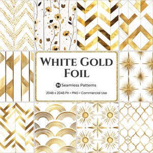 May include: A collection of 24 seamless patterns in white and gold foil. The patterns include geometric shapes, floral designs, and starbursts. The image includes the text "WHITE GOLD FOIL" and "24 Seamless Patterns".