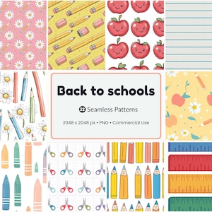 May include: A collection of 12 seamless patterns with school-themed illustrations. Designs include pencils, erasers, apples, daisies, lined paper, crayons, scissors, and rulers. The text "Back to schools" is displayed.