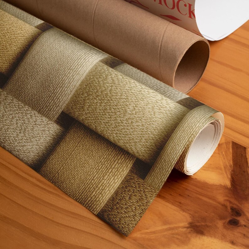 May include: Rolls of wallpaper with a woven basket design in shades of tan and brown. The wallpaper is partially unrolled, revealing the pattern. A brown cardboard tube is visible in the background.