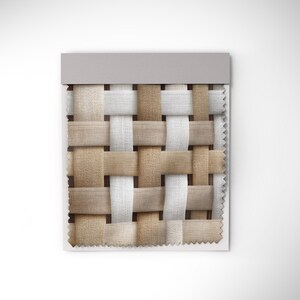 May include: A woven fabric swatch featuring a repeating pattern of interwoven beige, white, and tan ribbons. The fabric has a textured appearance and is topped with a gray border. The edges of the fabric are finished with a zig-zag pattern.