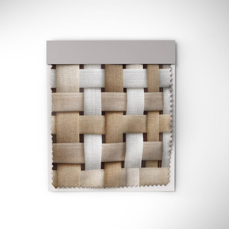 May include: A woven fabric swatch featuring a repeating pattern of interwoven beige, white, and tan ribbons. The fabric has a textured appearance and is topped with a gray border. The edges of the fabric are finished with a zig-zag pattern.