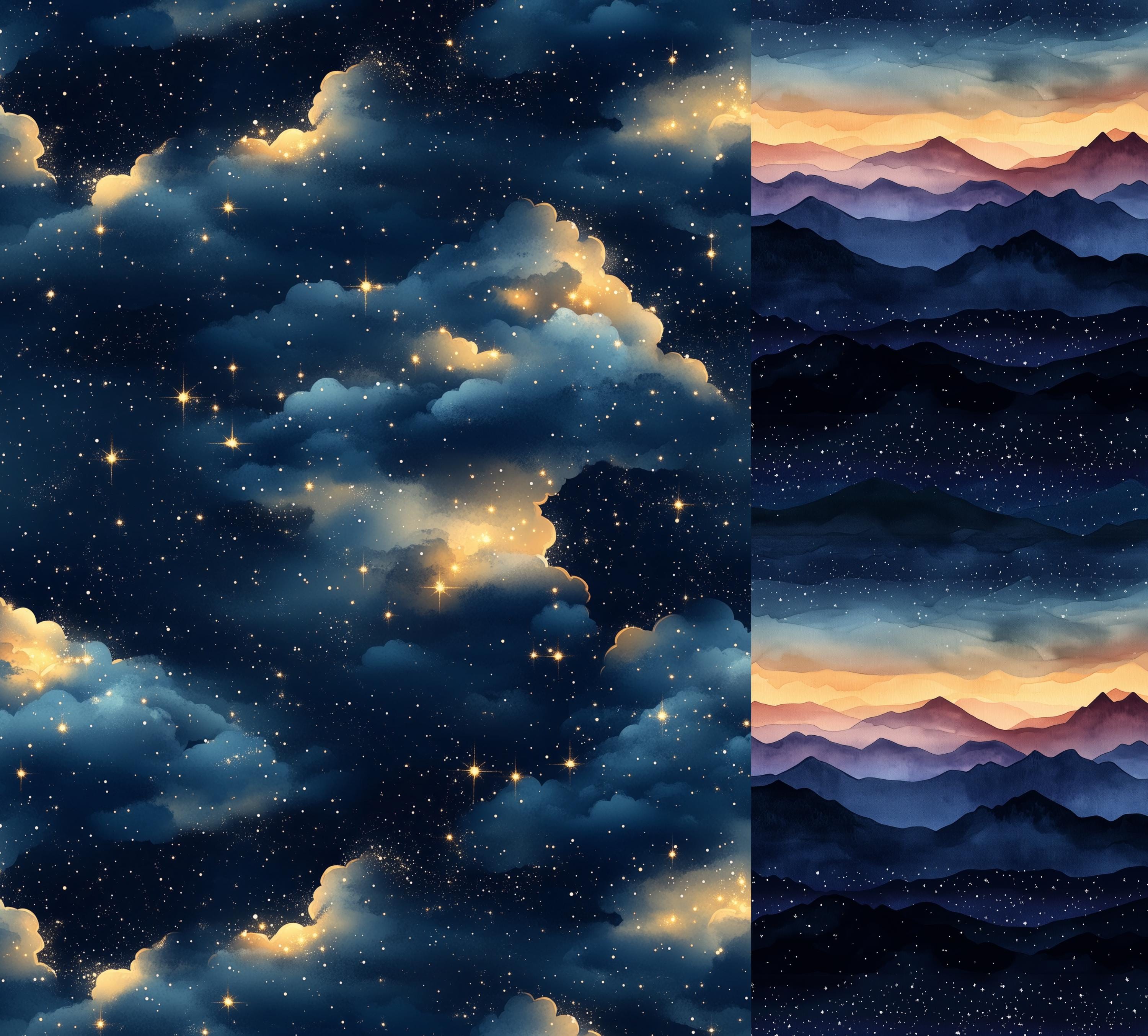 35 Starry Night Sky Seamless Patterns PNG | Watercolor Galaxy Nebula ...