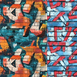 Op de afbeelding: Een levendig graffiti-ontwerp op een bakstenen muur. Het kunstwerk bevat een mix van kleuren, waaronder oranje, blauw, rood en wit, waardoor een dynamische en stedelijke esthetiek ontstaat. Het ontwerp is verdeeld in twee secties.
