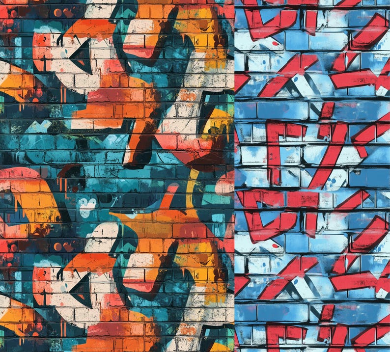 Op de afbeelding: Een levendig graffiti-ontwerp op een bakstenen muur. Het kunstwerk bevat een mix van kleuren, waaronder oranje, blauw, rood en wit, waardoor een dynamische en stedelijke esthetiek ontstaat. Het ontwerp is verdeeld in twee secties.