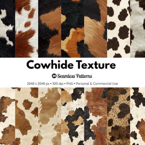 Cowhide Print Digital Paper: 40 Seamless Rustic Fur Textures (Digital Download)