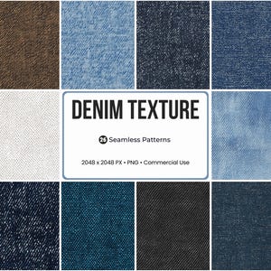 May include: A collection of denim textures in various shades of blue, brown, and black. The image includes a central rectangular graphic with the text "DENIM TEXTURE" and details about the patterns.