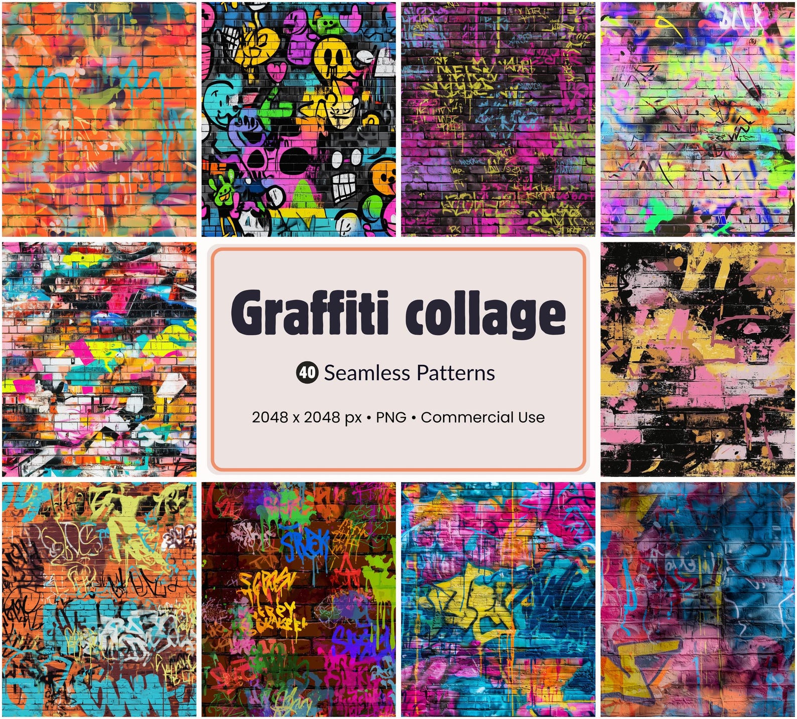 40 Seamless Graffiti Brick Wall Patterns Rainbow Urban Collage Textures ...