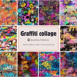 Puede incluir: Un collage de diez patrones de arte graffiti vibrantes sobre paredes de ladrillo. Los patrones presentan diseños coloridos de pintura en aerosol, etiquetas y arte abstracto. La imagen central dice "Graffiti collage" con detalles sobre los patrones sin costuras.