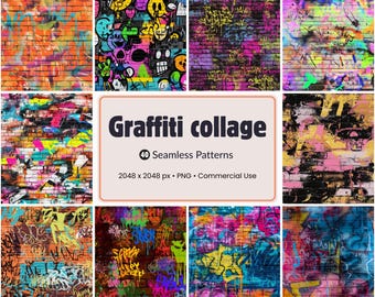 40 Seamless Graffiti Brick Wall Patterns Rainbow Urban Collage Textures PNG 2048px Commercial Use Digital Paper Backgrounds InstantDownload!