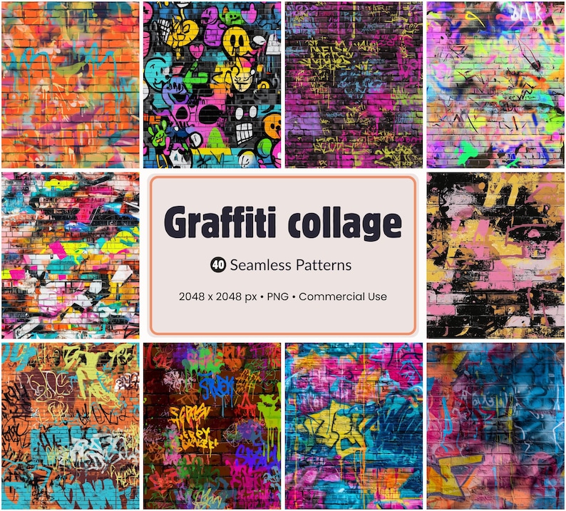 Op de afbeelding: Een collage van tien levendige graffiti-kunstpatronen op bakstenen muren. De patronen bevatten kleurrijke spuitverf ontwerpen, tags en abstracte kunst. De centrale afbeelding toont "Graffiti collage" met details over de naadloze patronen.