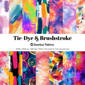 Può includere: Una collezione di 12 motivi senza cuciture colorati con disegni tie-dye e pennellate. I motivi presentano una varietà di colori, tra cui rosa, blu, giallo e viola. Il testo "Tie-Dye & Brushstroke" è visibile.