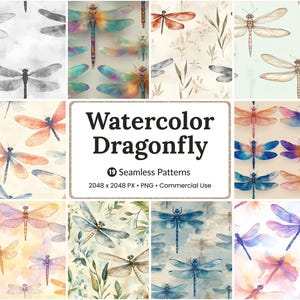 Puede incluir: Una colección de 19 patrones de libélulas acuarela sin costuras en varios colores, incluyendo azul, naranja y morado. La imagen incluye una variedad de ilustraciones de libélulas con diferentes diseños de alas y fondos. Se muestra el texto "Watercolor Dragonfly".