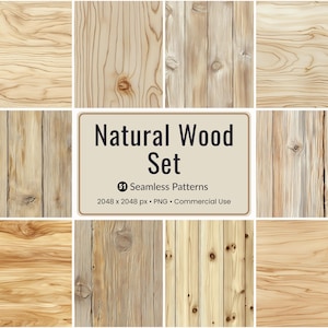 Peut inclure: Ensemble de neuf motifs de bois sans couture dans des tons bruns et beiges. L'image comprend un panneau rectangulaire central avec le texte "Natural Wood Set" et des détails sur les motifs.