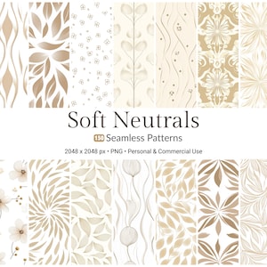 Può includere: Una collezione di 150 motivi senza cuciture in morbide tonalità neutre, tra cui beige, crema e bianco. I motivi presentano disegni floreali, a foglia e astratti. L'immagine include il testo "Soft Neutrals" e dettagli sul formato del file e sull'utilizzo.