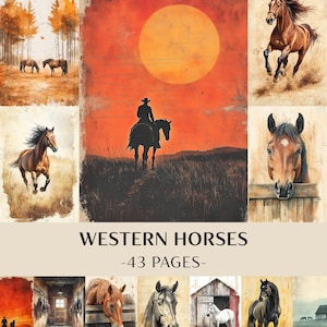 Könnte beinhalten: Eine Sammlung von Aquarellmalereien mit Westernpferden. Die Bilder zeigen Pferde in verschiedenen Umgebungen, darunter beim Laufen, einen Cowboy beim Sonnenuntergang und Porträts. Der Text "WESTERN HORSES -43 PAGES-" wird angezeigt.