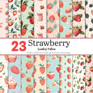23 Strawberry Seamless Patterns | Cute Berry Digital Paper Pack | Fruit Summer Backgrounds | JPG | Instant Download Perfect for Scrapbooking