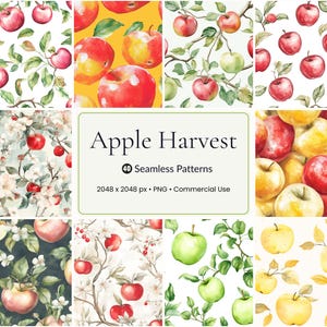 Apple Harvest Seamless Patterns: Watercolor Fall Fruit (Digital Download)