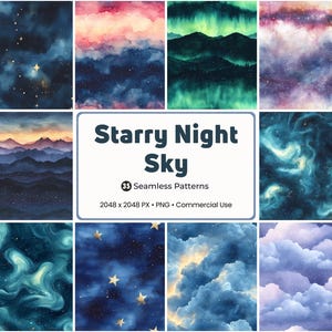 May include: Nine seamless patterns with a starry night sky theme. The patterns depict celestial designs, including stars, clouds, and aurora borealis. The image includes the text "Starry Night Sky" and "35 Seamless Patterns".