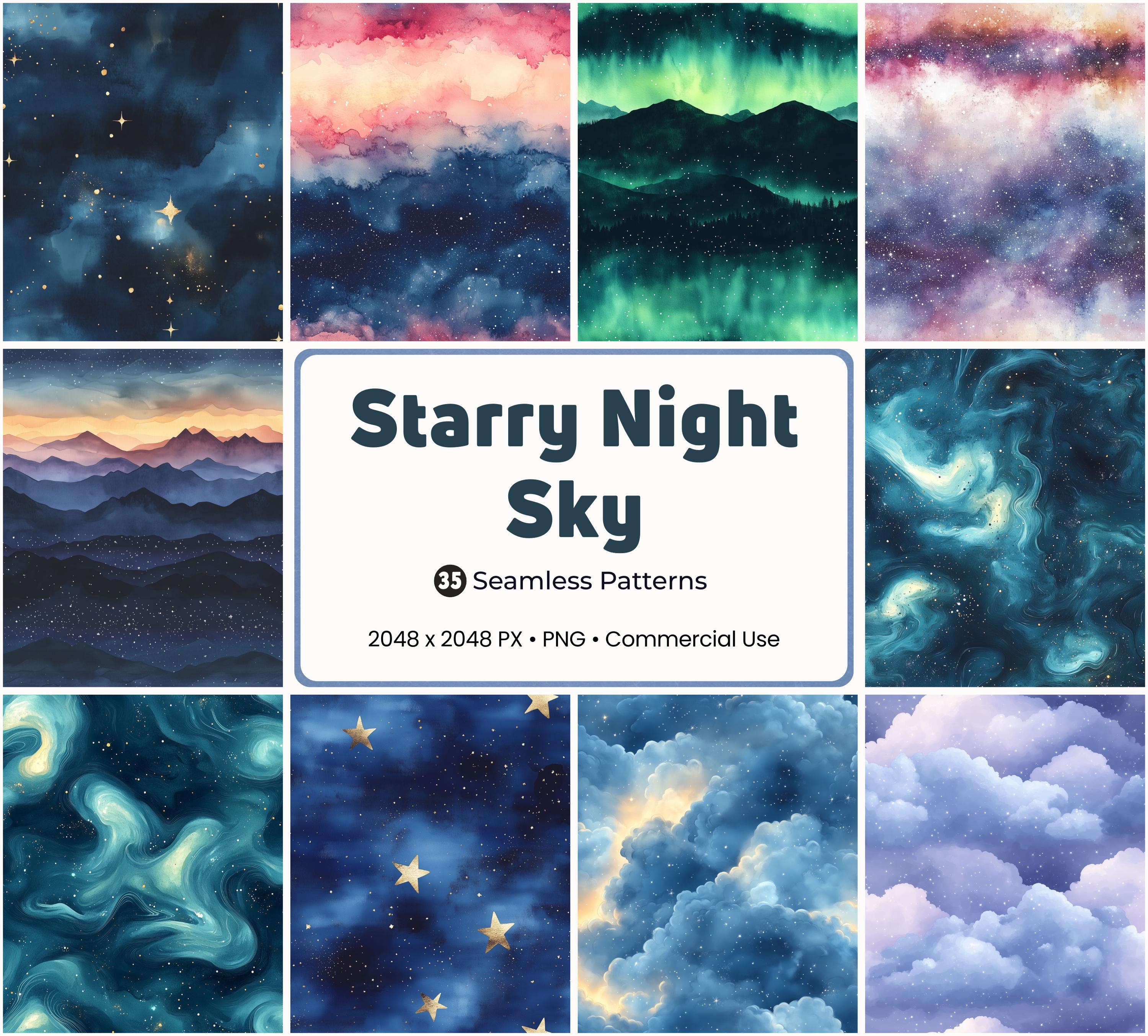 35 Starry Night Sky Seamless Patterns PNG | Watercolor Galaxy Nebula ...