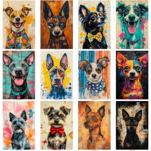 May include: A collection of twelve colorful dog portraits. Each artwork features a different dog breed with vibrant, expressive faces. The paintings showcase a variety of styles, from realistic to abstract, with bold colors and unique backgrounds.