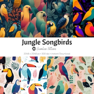 Puede incluir: Una colección de patrones sin costuras con coloridas aves cantoras de la jungla. Los diseños muestran varias aves en tonos vibrantes, sobre un fondo de exuberante follaje. Se muestra el texto "Jungle Songbirds" y "33 Seamless Patterns".