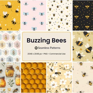 Puede incluir: Un conjunto de 26 patrones sin costuras con diseños de abejas y panales. Los patrones muestran abejas sobre fondos amarillos, rosas y negros, con elementos florales y geométricos. La imagen incluye el texto "Buzzing Bees".