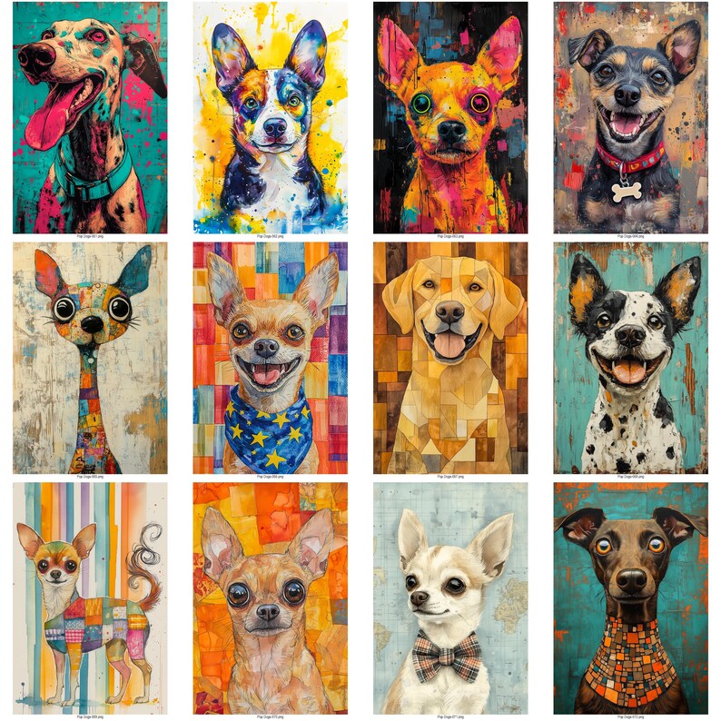 May include: A collection of twelve colorful dog portraits in a variety of breeds and styles. Each artwork features a different dog with unique color palettes and artistic techniques, creating a vibrant and eye-catching display.