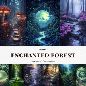 Op de afbeelding: Digitale kunst met scènes van een betoverd bos. De afbeelding bevat een pad met gloeiende paddenstoelen, een rivier onder een volle maan en een pad met paarse bloemen. De tekst "ENCHANTED FOREST" wordt weergegeven.