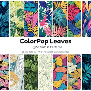 Puede incluir: Una colección de patrones de hojas sin costuras y coloridos. La imagen muestra varios diseños con tonos vibrantes de azul, rosa, amarillo y verde. El texto "ColorPop Leaves" y los detalles de los patrones también son visibles.