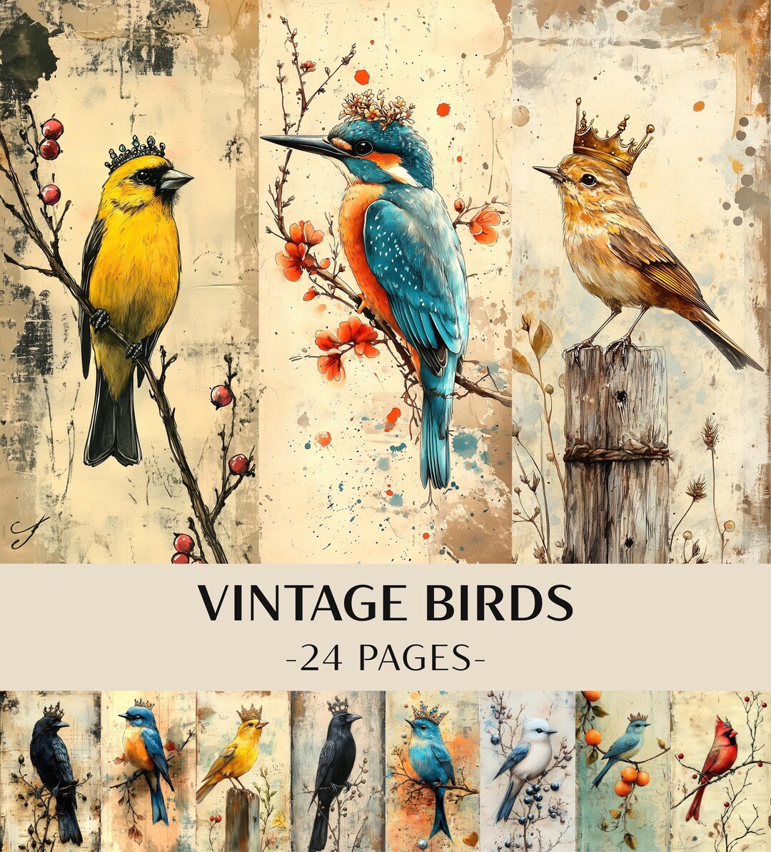 24 Vintage Birds Junk Journal Kit | Watercolor Bird Ephemera Printable ...