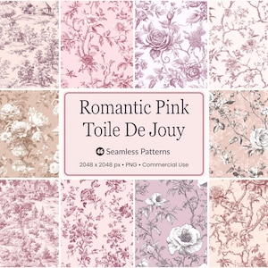 May include: A collection of pink and white seamless patterns with floral and landscape designs. The image includes the text "Romantic Pink Toile De Jouy" and details about the patterns, including the number of patterns and file type.