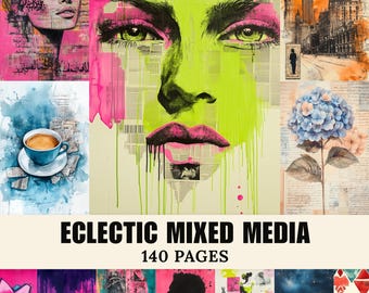 May include: A collage of mixed media art pieces. The artwork includes portraits, cityscapes, and floral designs. The color palette features vibrant pink, green, and blue hues. The text "Eclectic Mixed Media" and "140 Pages" are displayed.