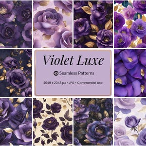 Violet Luxe Floral Patterns: Purple Rose Gold Digital Paper (PNG, JPG, 300 DPI)